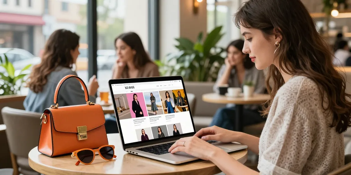 Fashion blog scene with a stylish woman in a café browsing trendy outfits and accessories.