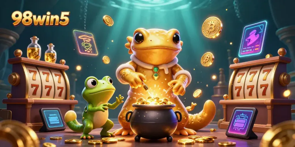 Experience the excitement of 98win5 with a fantasy scene featuring dynamic alchemy and gambling elements.