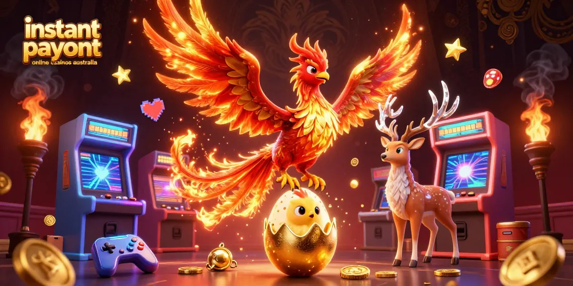 Experience instant payout online casinos Australia with vibrant 3D phoenix and captivating casino elements.