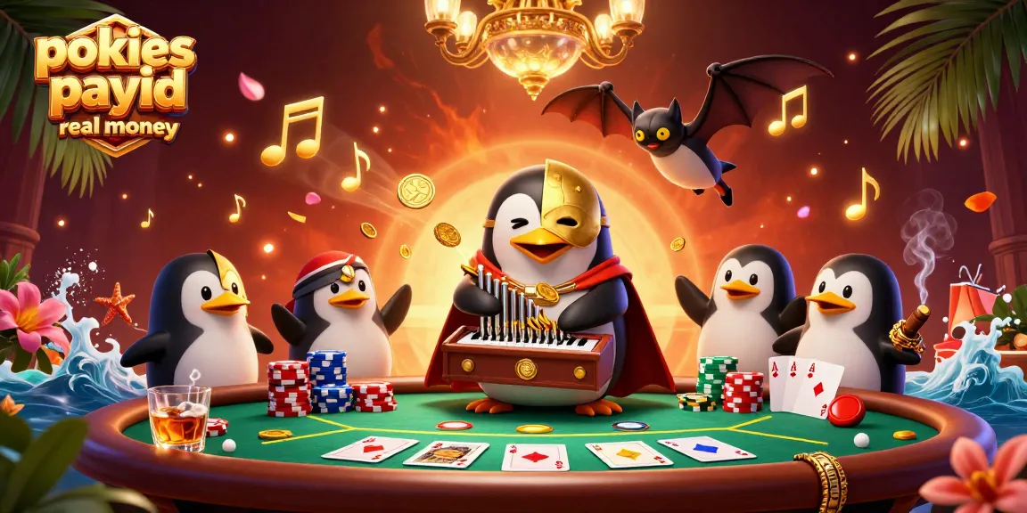 Spin pokies payid real money as a stylish penguin organist plays, surrounded by poker excitement.