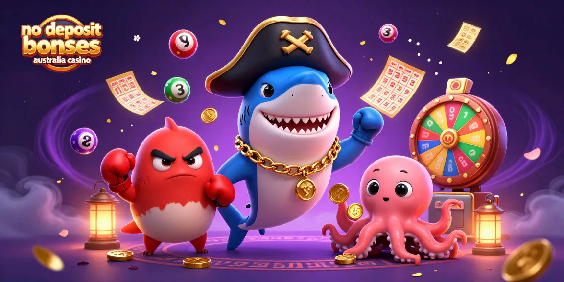 No deposit bonuses Australia casino show lively cartoon characters celebrating with lottery elements.