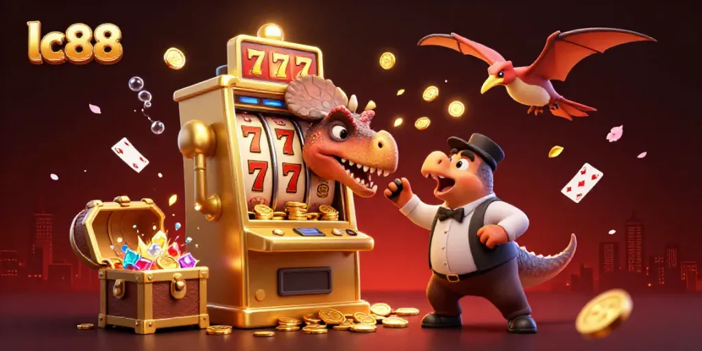 Experience big wins at lc88 with a cartoon dinosaur winning jackpot coins from a slot machine.