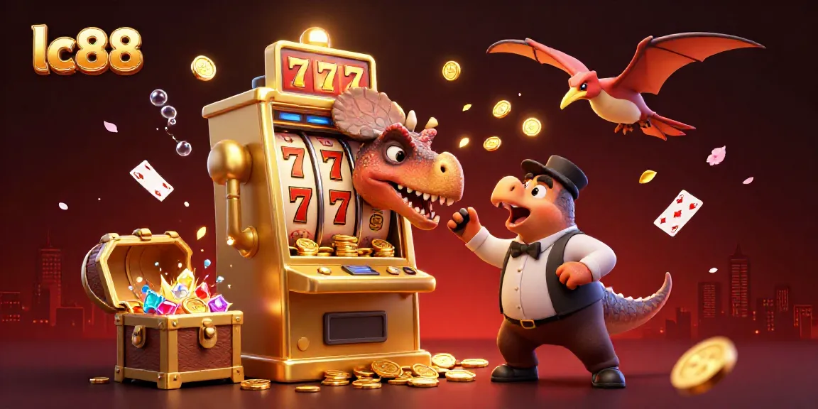 Experience big wins at lc88 with a cartoon dinosaur winning jackpot coins from a slot machine.
