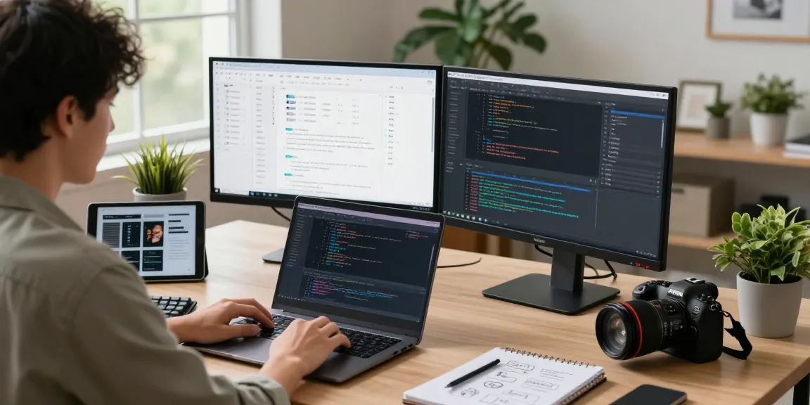 Developer focused on coding at a home office displaying telegraimin.com productivity tools.
