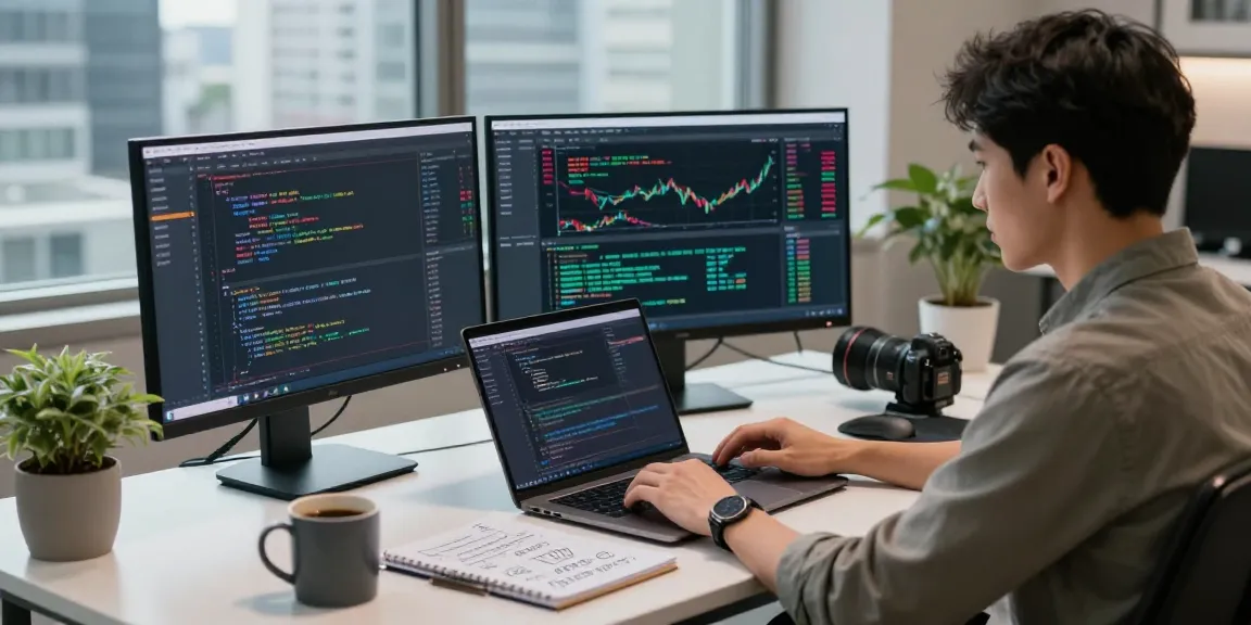 Developer analyzing multi-ticker Japan stock API data on multiple screens in a modern workspace.