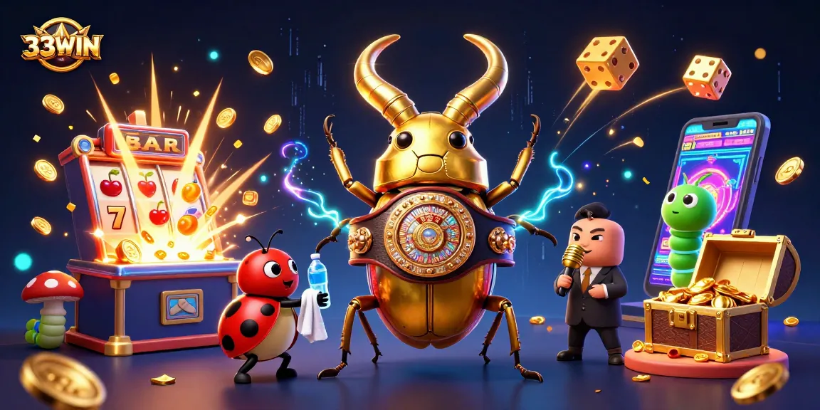 Engage with the exciting 33WIN casino as the golden stag beetle takes center stage in a vibrant 3D scene.