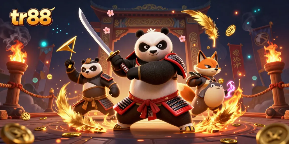 Experience thrilling action at tr88 with a fierce samurai panda and ninja fox in an enchanting casino scene.
