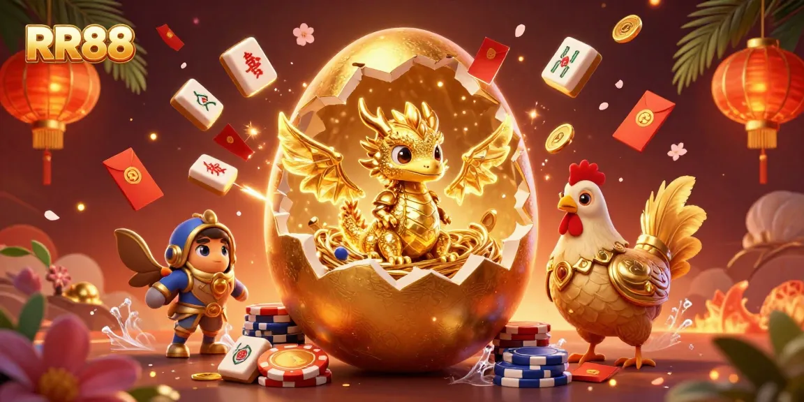 Engage in thrilling gambling at RR88 with a golden dragon and vibrant elements igniting excitement.