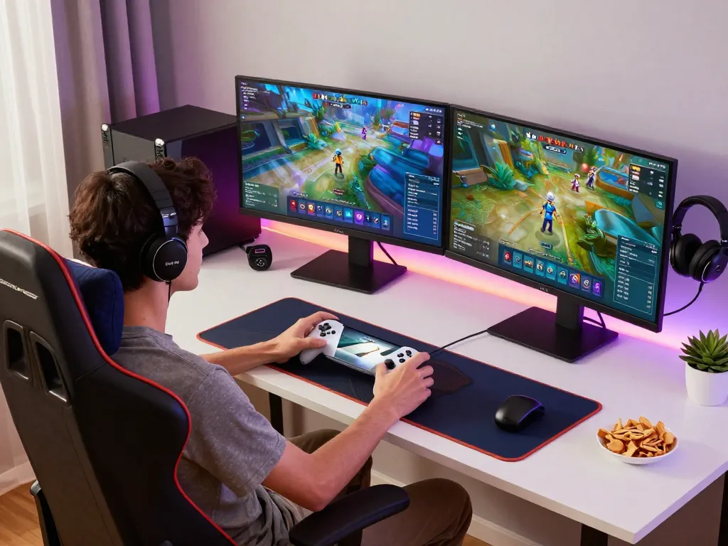 Gamer using an 8BitDo Ultimate 2 controller in a modern tech workspace, showcasing affordable tech gadgets for an immersive gaming experience.