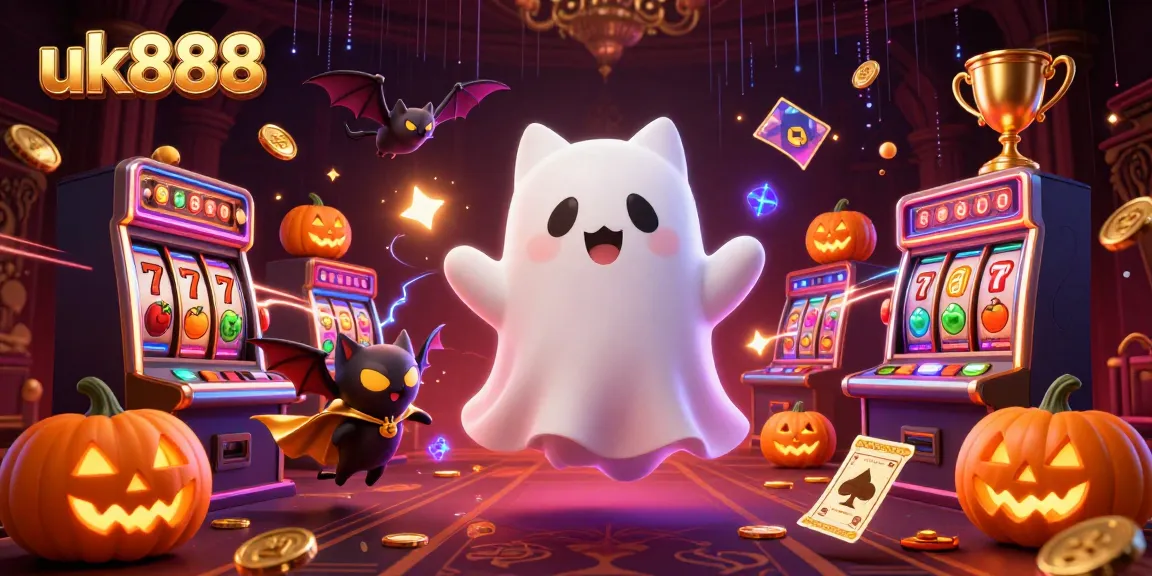 Play and win with uk888 at the haunted casino featuring a ghost cat, vampire bat, and glowing jack-o-lanterns!
