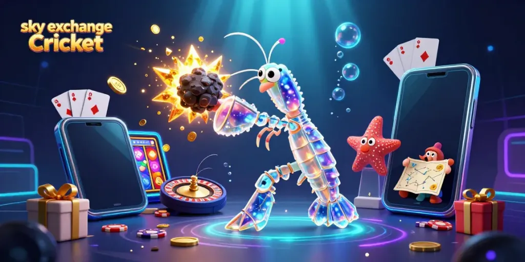 Engaging scene of sky exchange Cricket where a mantis shrimp unveils coins and gems in an exciting betting environment.