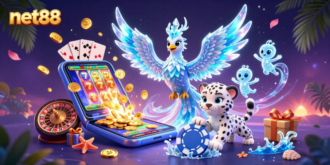Engage with net88's vibrant slots as a phoenix and leopard celebrate wins in a dazzling scene.
