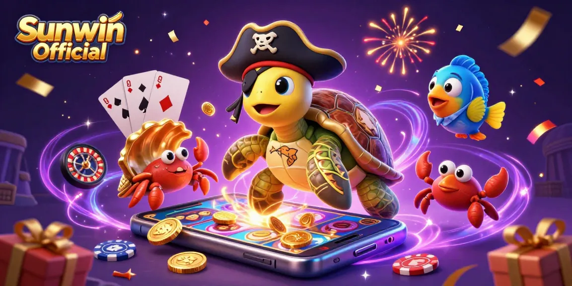 Experience slots excitement with Sunwin Official as turtle and crab discover treasures in a colorful casino