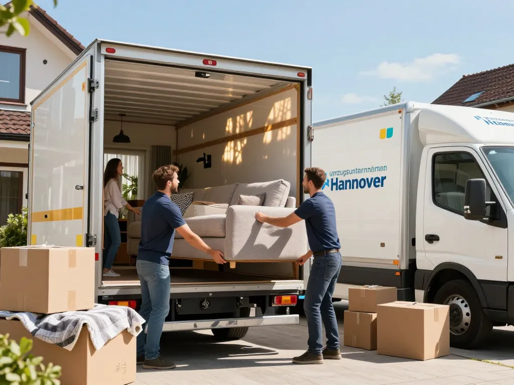 Professionelle Umzugshelfer von einem Umzugsunternehmen Hannover laden Möbel in einen Umzugswagen und sorgen für ein stressfreies Umzugserlebnis.