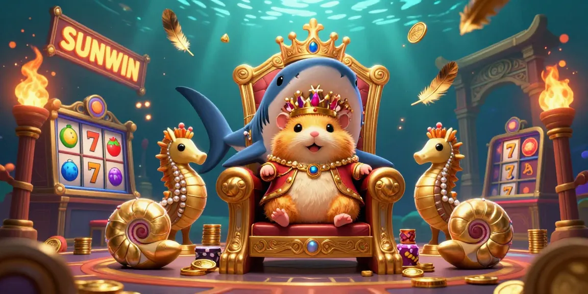 SUNWIN captivates players with a golden hamster king in a throne of megalodon shark teeth, surrounded by casino landscapes.