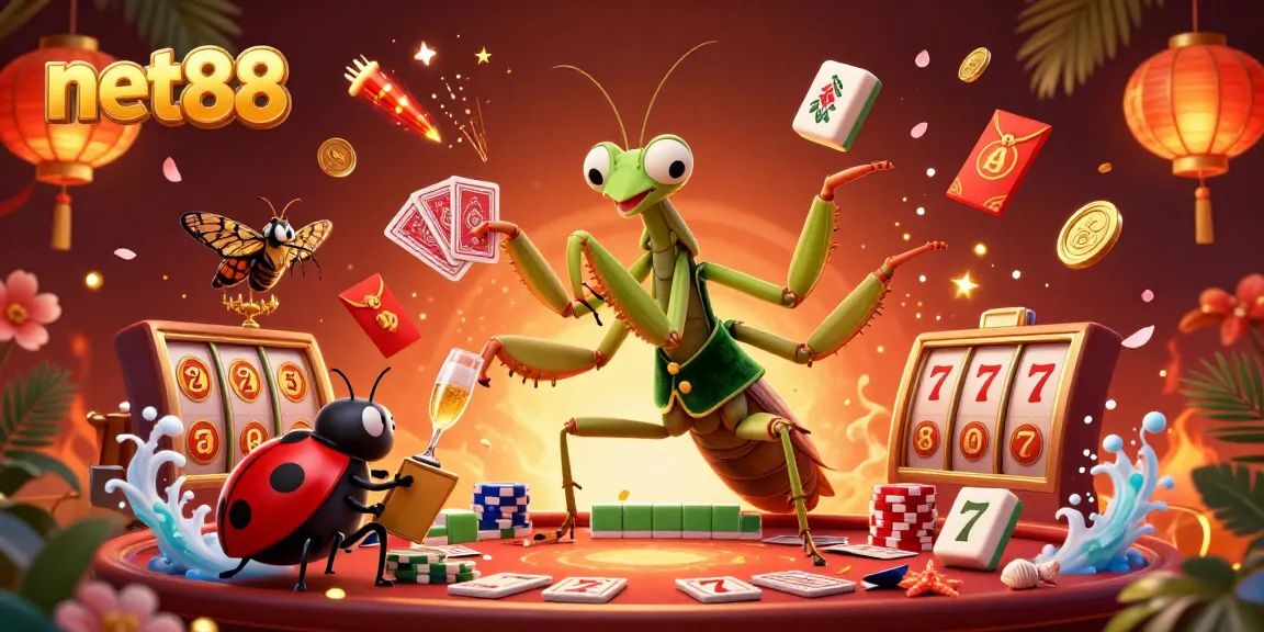 Experience excitement with net88 as a giant praying mantis dealer and ladybug pit boss in a dynamic casino scene.