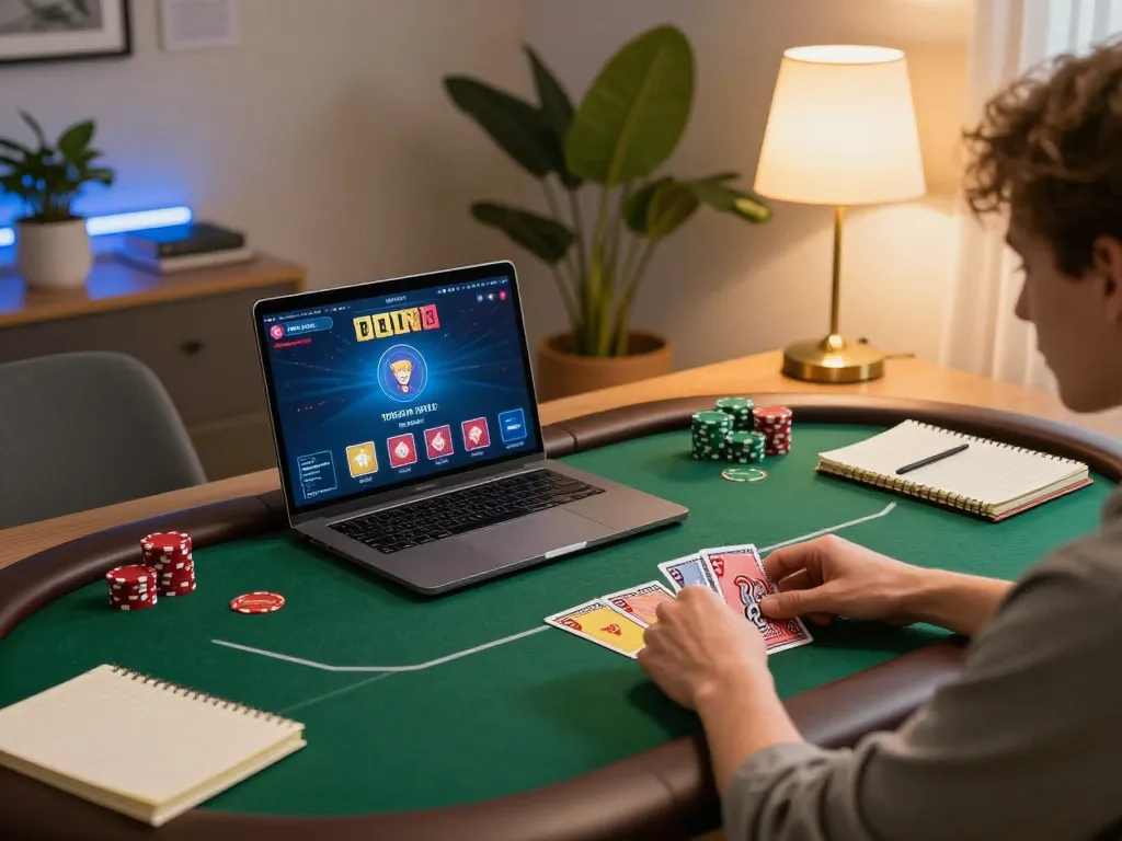Engaging in online gambling at trang chủ MM88 with a laptop and poker interface.
