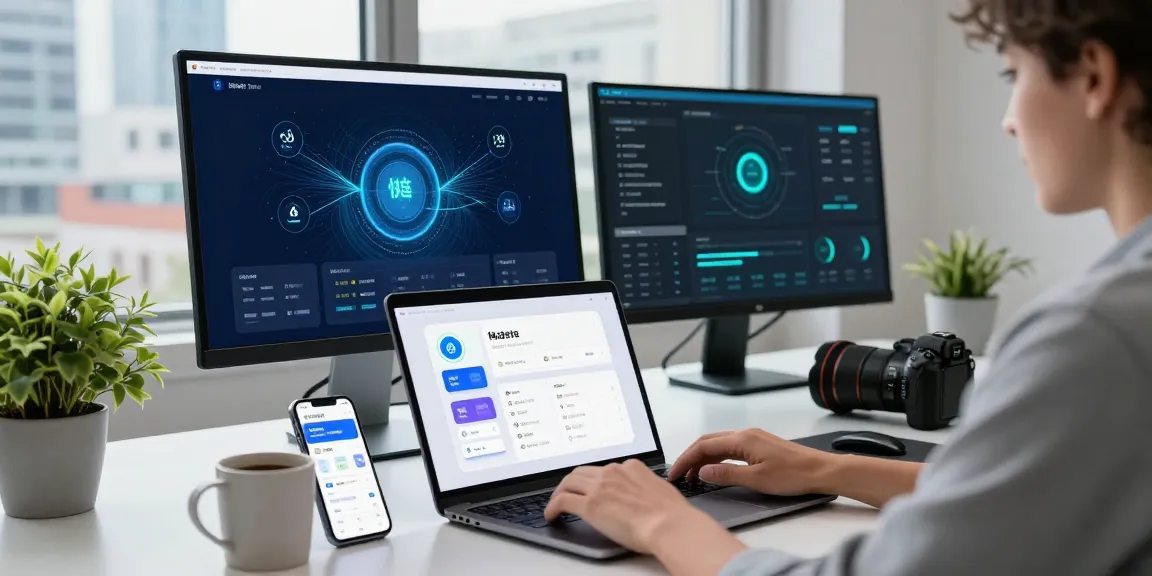 快连软件演示的现代工作空间,展示网络优化和实时数据,充满科技感和专业氛围。