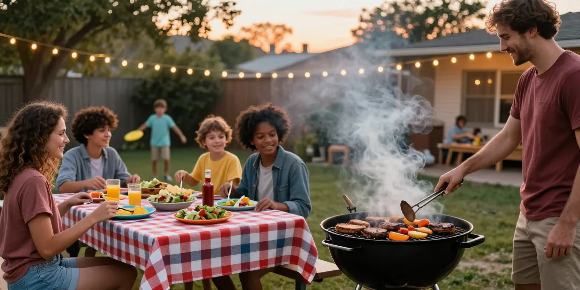 Barbecue keluarga Link BOS88 dengan hidangan segar dan suasana hangat di taman belakang.