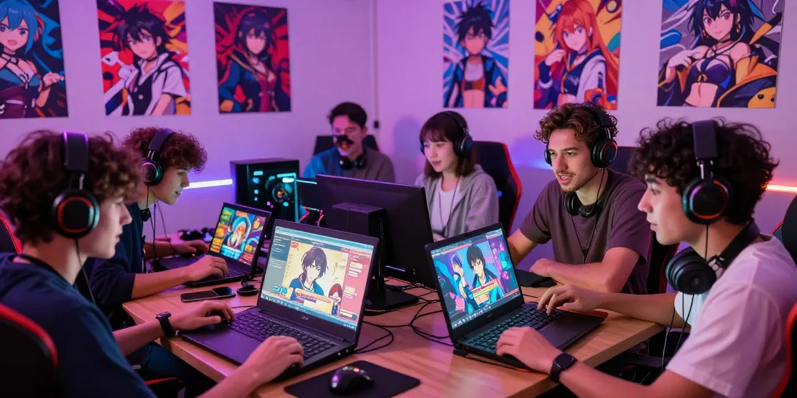 Gamers enjoying immersive hentaigames in a vibrant, anime-themed environment, showcasing community play.