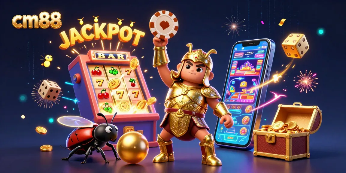 Experience cm88's vibrant winning scene with jackpot elements and lively characters.