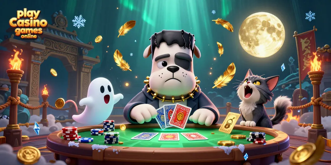 Play casino games online with a 3D cartoon bulldog dealer, mystical characters, and vibrant casino elements.