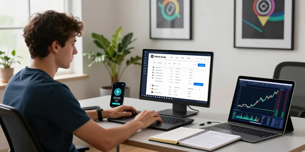 Trader using libertyswap for cross-chain transactions in a modern workspace with crypto tools and live market data.