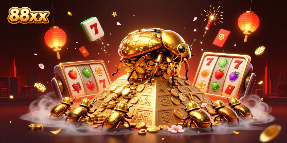 Experience the excitement of 88xx with a golden beetle rolling coins, surrounded by vibrant slot symbols.