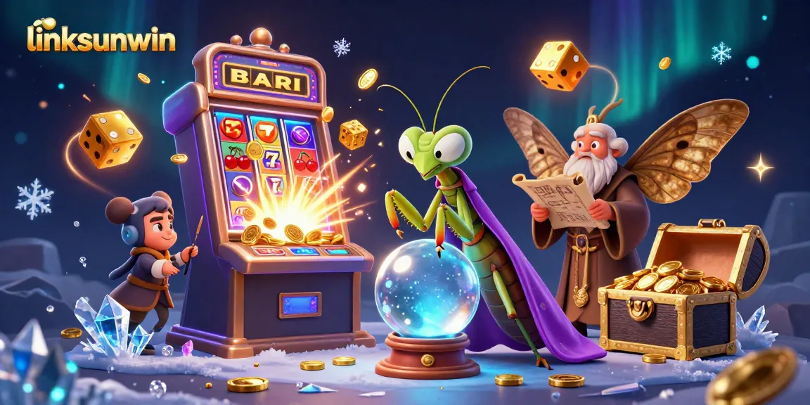 Experience linksunwin's dynamic gaming scene with vibrant characters, slot machines, and magical effects.