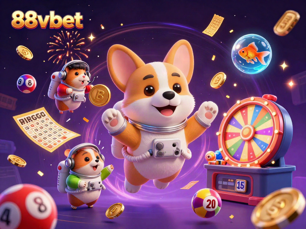 Experience the thrilling world of 88vbet with a dynamic illustration of a floating casino scene featuring an astronaut corgi and vibrant game elements.