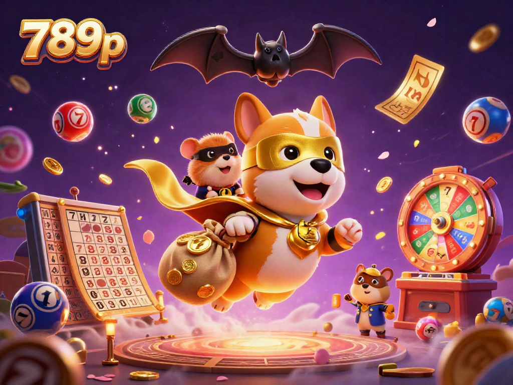 Join the action with 789p as the superhero dog and hamster soar over vibrant casino games and lively atmosphere.