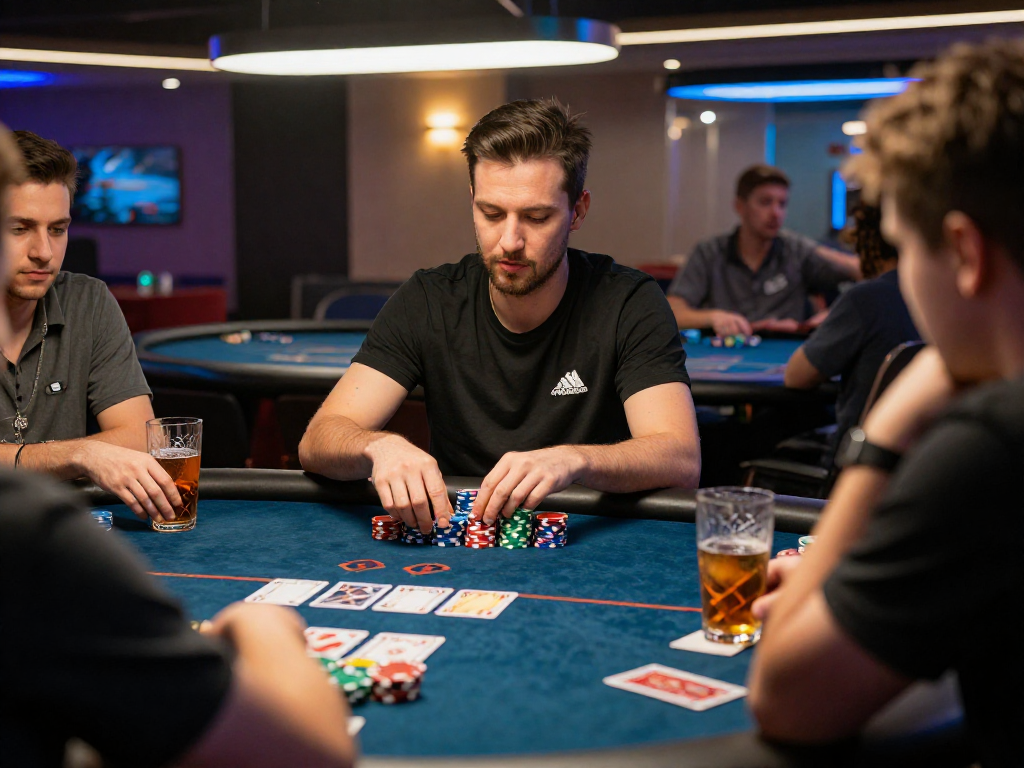 Giocatore esperto che valuta siti non AAMS sicuri mentre gioca a poker con amici, atmosfera vivace.