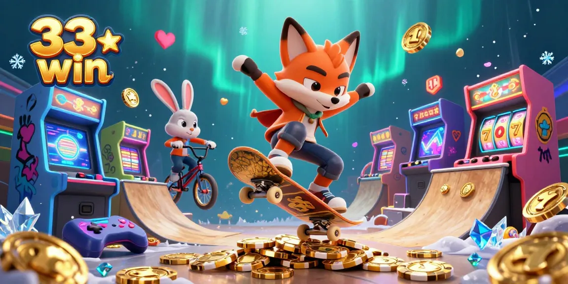Experience the thrill of 33 win with a vibrant 3D casino-themed illustration featuring characters and gaming elements.