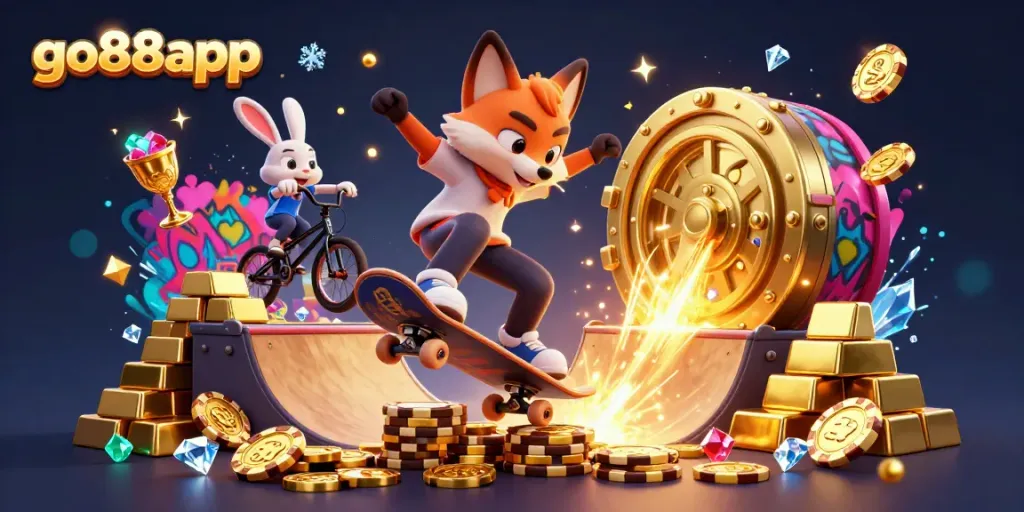 Experience excitement at go88app with a dynamic illustration showcasing a skateboarder fox, BMX rabbit, and vibrant casino elements.