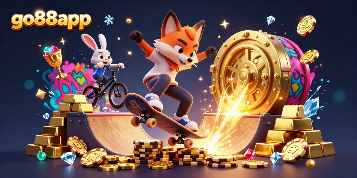 Experience excitement at go88app with a dynamic illustration showcasing a skateboarder fox, BMX rabbit, and vibrant casino elements.