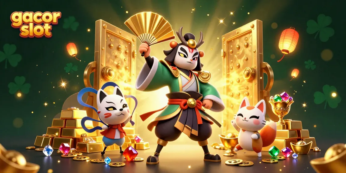 Spin and win with gacor slot magic, featuring vibrant characters amidst treasure and slot elements.