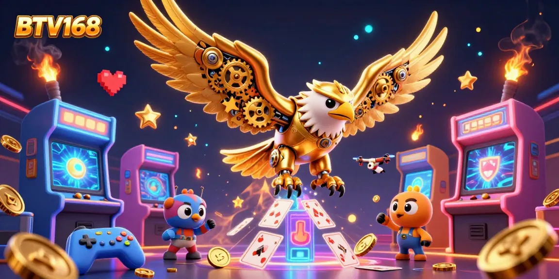 BTV168 challenges players with vibrant arcade-themed casino imagery featuring a cybernetic eagle.