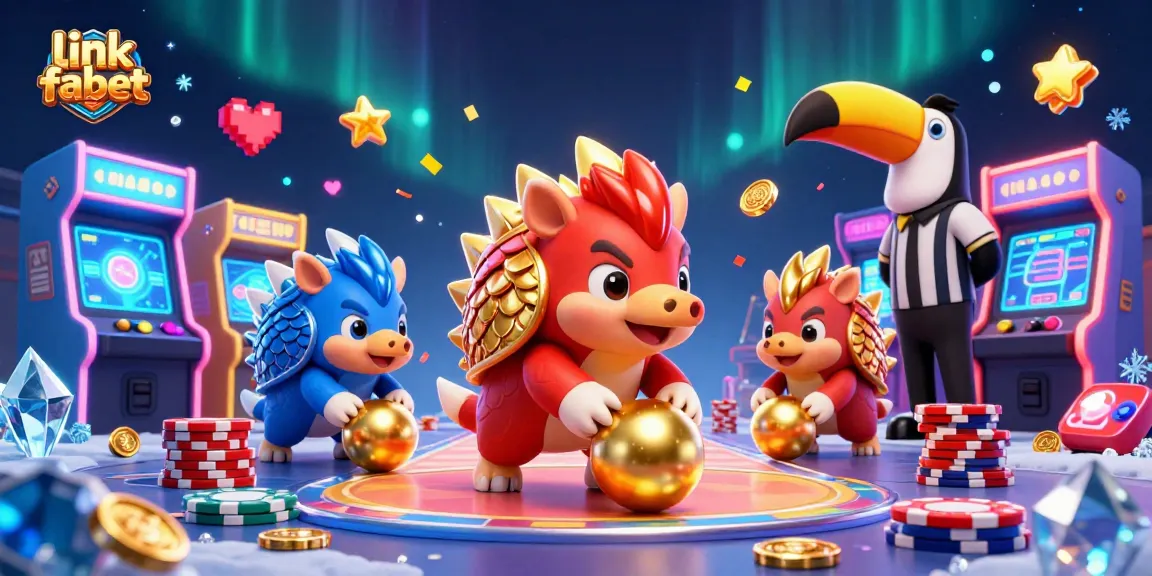 Engage with link fabet in a vibrant 3D casino scene featuring animated pangolins and arcade game elements.