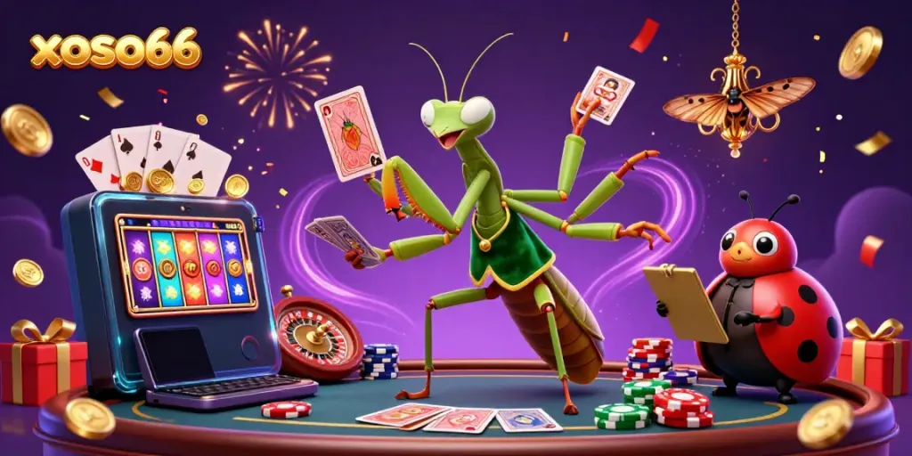 Engage with xoso66 as the mantis card sharp deals cards while the ladybug pit boss oversees the vibrant gaming action.