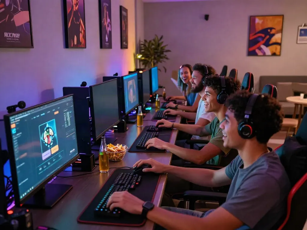 Exciting gaming session at https://hitclub3.io/ with friends, vibrant atmosphere and high-tech setup.