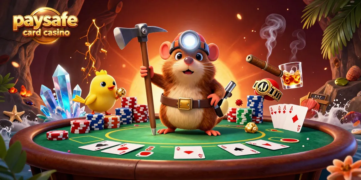 Erleben Sie lebhafte Action in einem Paysafe Card Casino, das einen Schatzsucher-Molch und Poker-Elemente präsentiert.