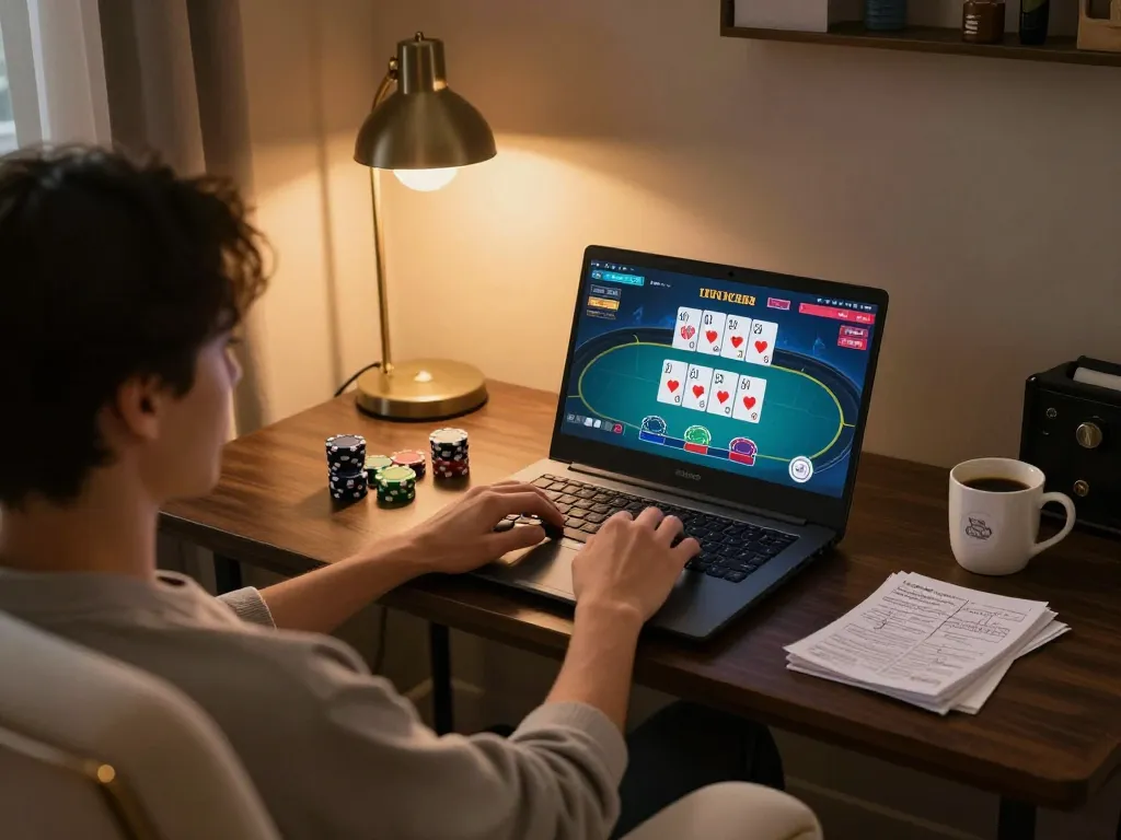 SUN WIN player engaging with live casino games on a cozy laptop setup, emphasizing strategic gaming.