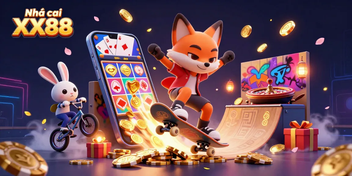 Engage in dynamic gaming at Nhà cái XX88 with skateboard fox and BMX rabbit in a colorful casino scene.