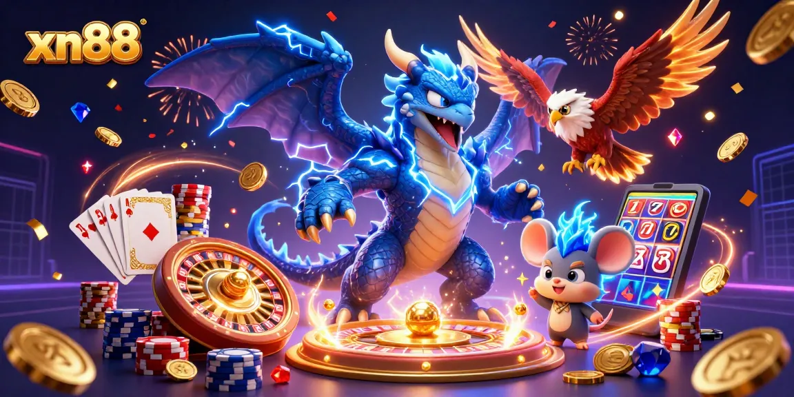 Xn88 captures the thrill of casino gaming with vibrant energy in a lively 3D cartoon illustration.