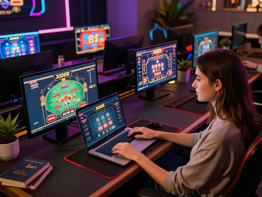 Player engaging in Xin88 online gaming on a stylish laptop, showcasing vibrant casino graphics and dynamic gameplay.