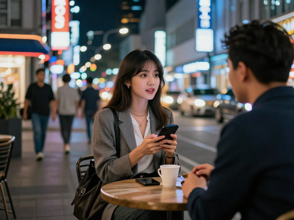 Gái gọi trò chuyện trong không gian phố thị nhộn nhịp, ánh đèn neon.
