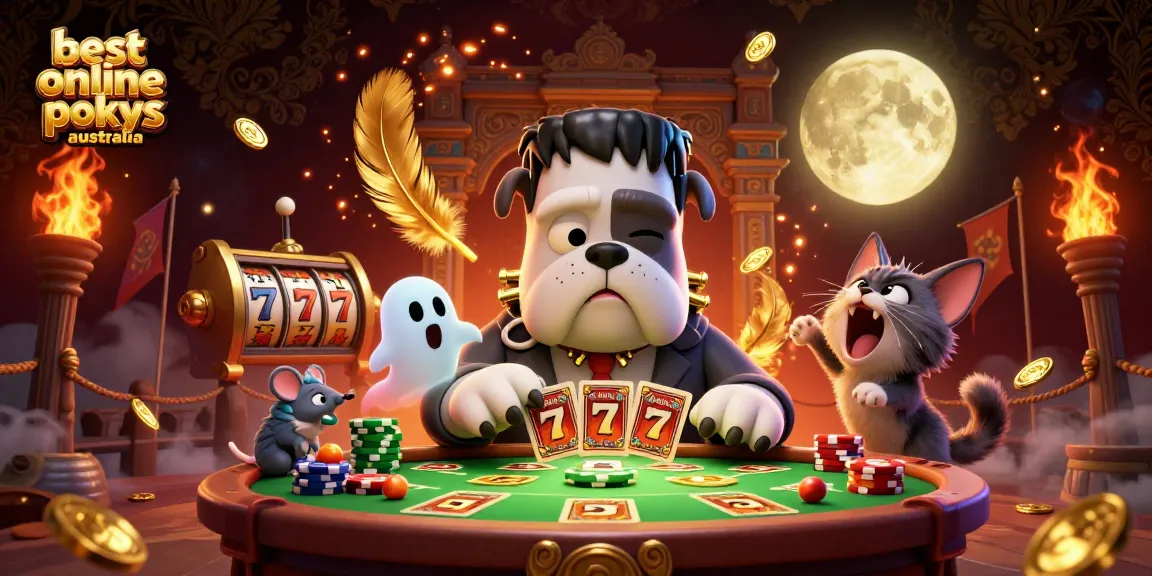 Experience the best online pokies Australia with thrilling action between a Frankenstein bulldog dealer and lively game elements.