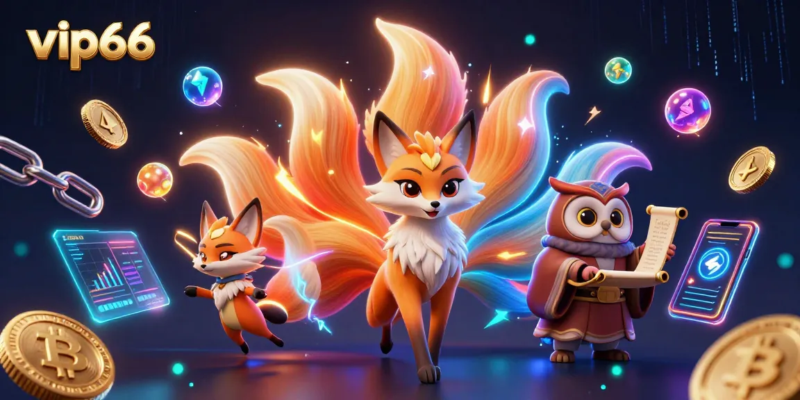 Engage with vip66's vibrant gaming universe through a stunning illustration of a nine-tailed fox and wise owl.