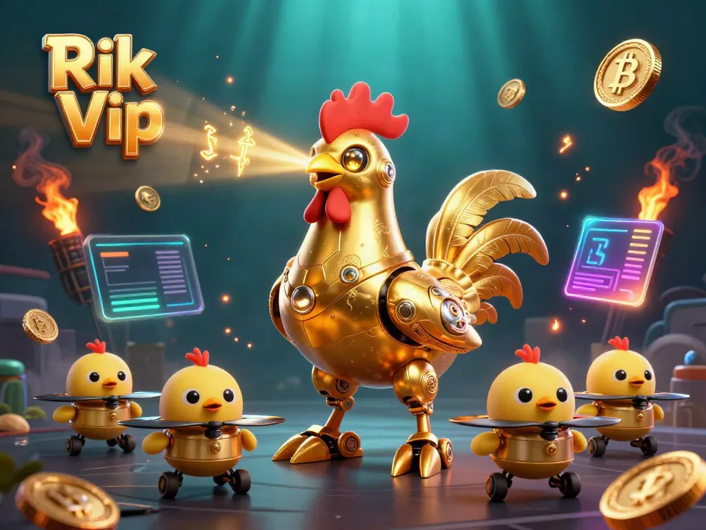 Engage in thrilling gameplay with Rik Vip as a futuristic golden rooster robot leads the adventure.