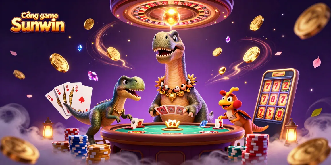 Cổng game Sunwin featuring a tall 3D brontosaurus, raptor dealer, and colorful casino elements